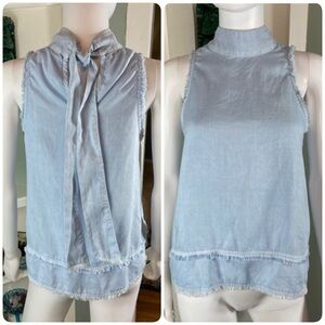 Bella Dahl Release Hem Chambray Blue Frayed Bow Tie Sleeveless Blouse Tank Top
